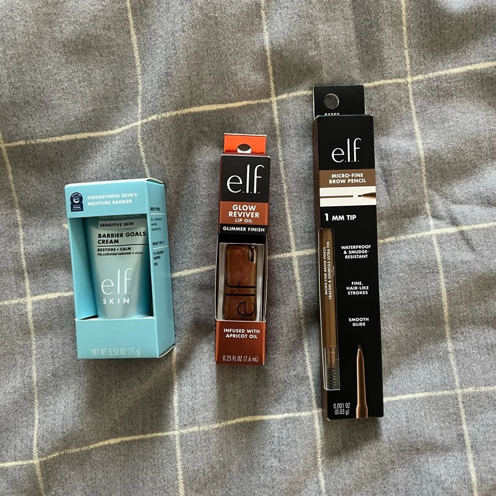 3 ELF Beauty Skin Bundle - Lip oil, Eyebrow Pencil, Moisturizer